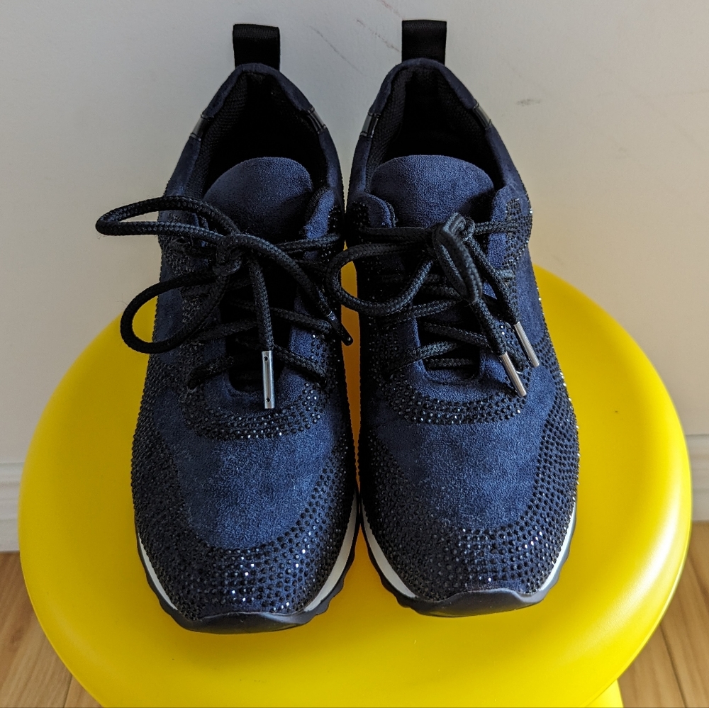 NAVY FAUX SUEDE PLATFORM EMBELLISHED SNEAKERS